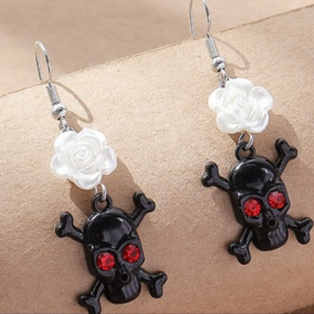 Skull & Crossbone Dangle Drop Earrings With Red Gems/Rinestones For Eyes - Picture 4 of 7